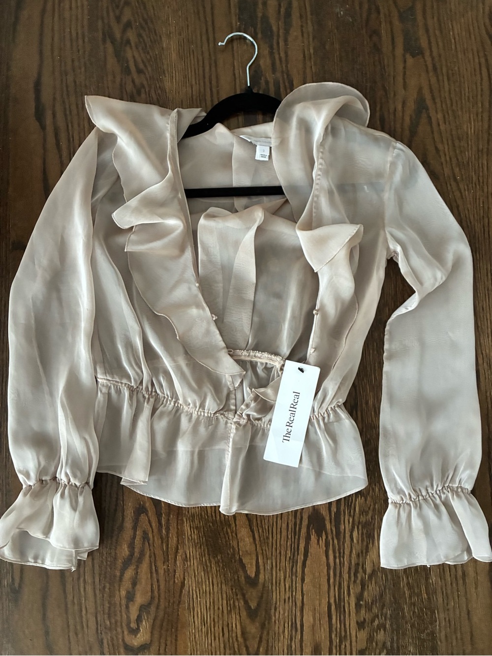 Sheer Ruffle-Trim Blouse in Light Beige